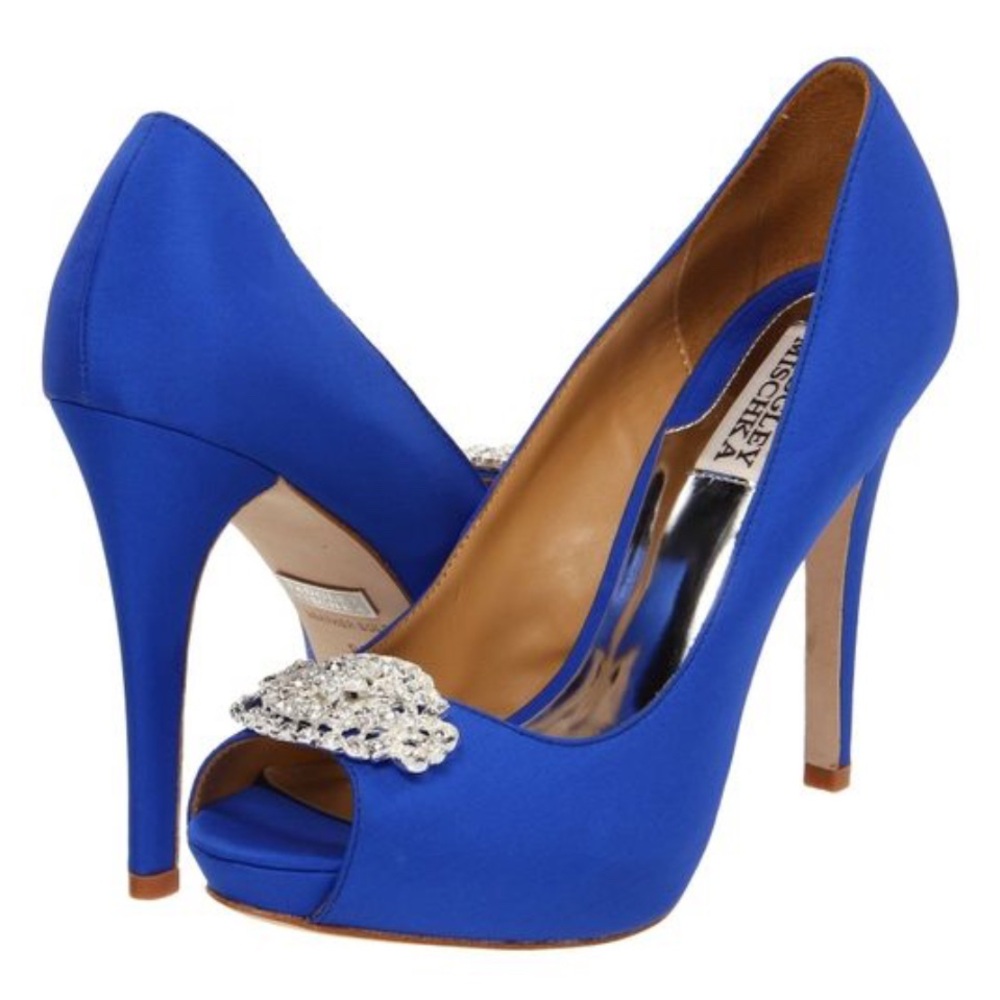 Badgely Mischka Blue Rhinestone Embellished Platform Peep‎ Toe Heel Pump 7.5 M